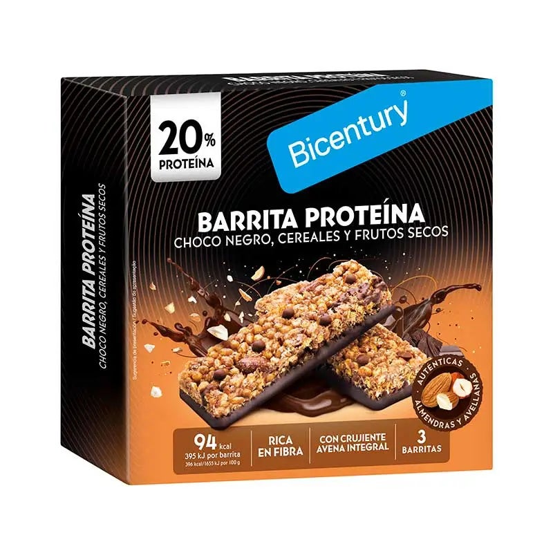 Bicentury Barrita Proteina Chocolate Negro Cereales 3X24 Gr