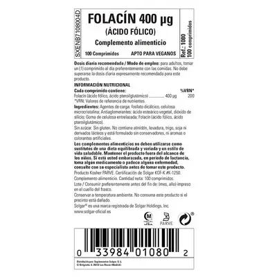 SOLGAR 100 comprimidos con ácido fólico 400 mcg 