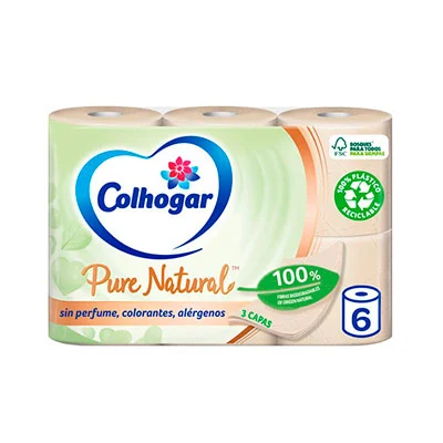 COLHOGAR Pure Natural Papel Higiénico Fibras Naturales 6 rollos